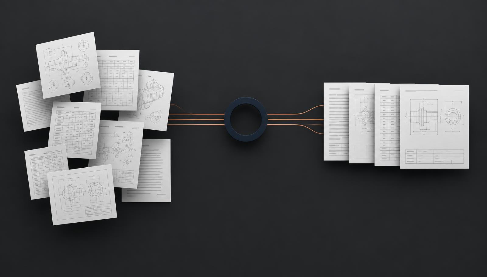 Engineering sheets and documents flowing through a connection point into an organised delivery record